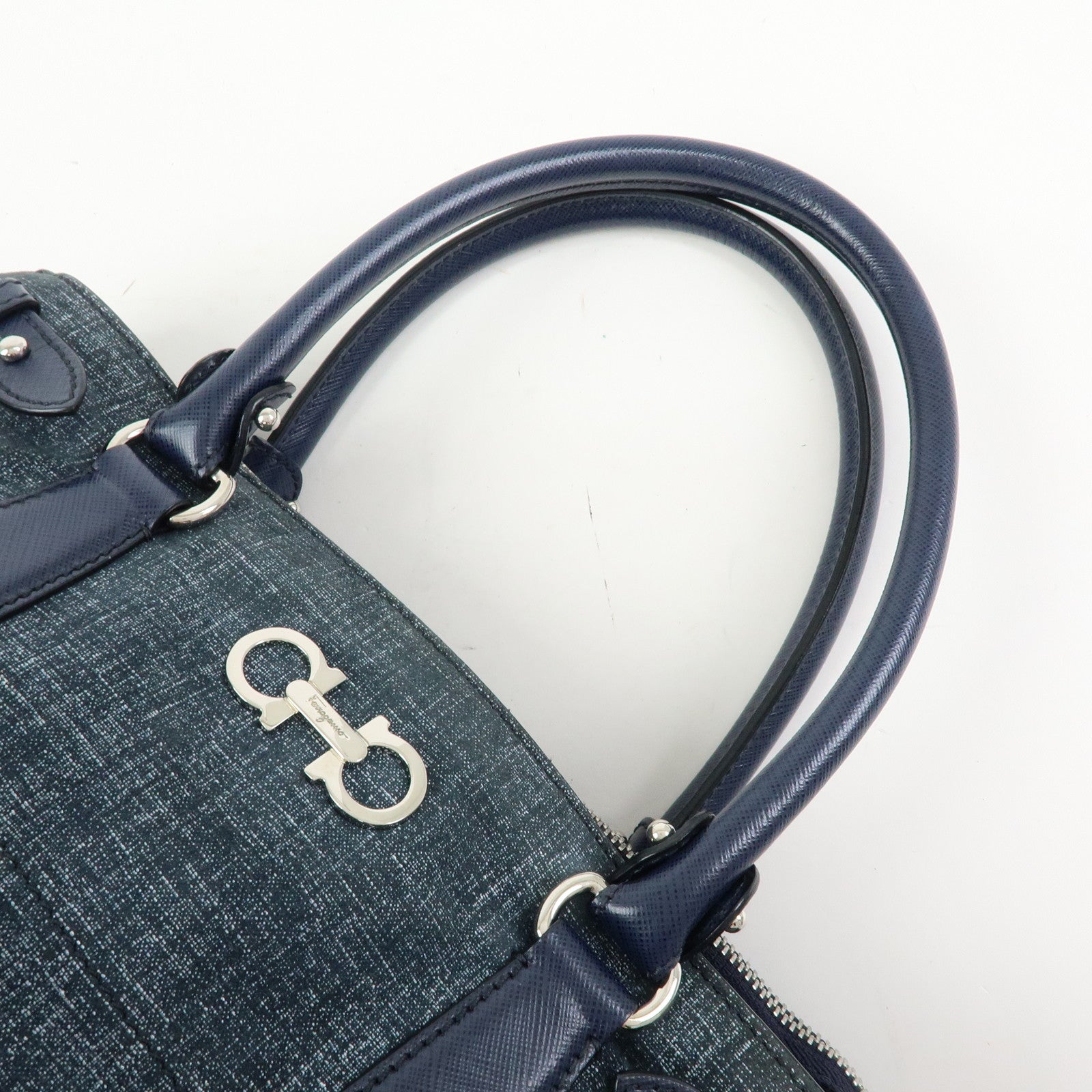 Ferragamo Gancini Canvas Leather 2Way Bag Hand Bag Navy