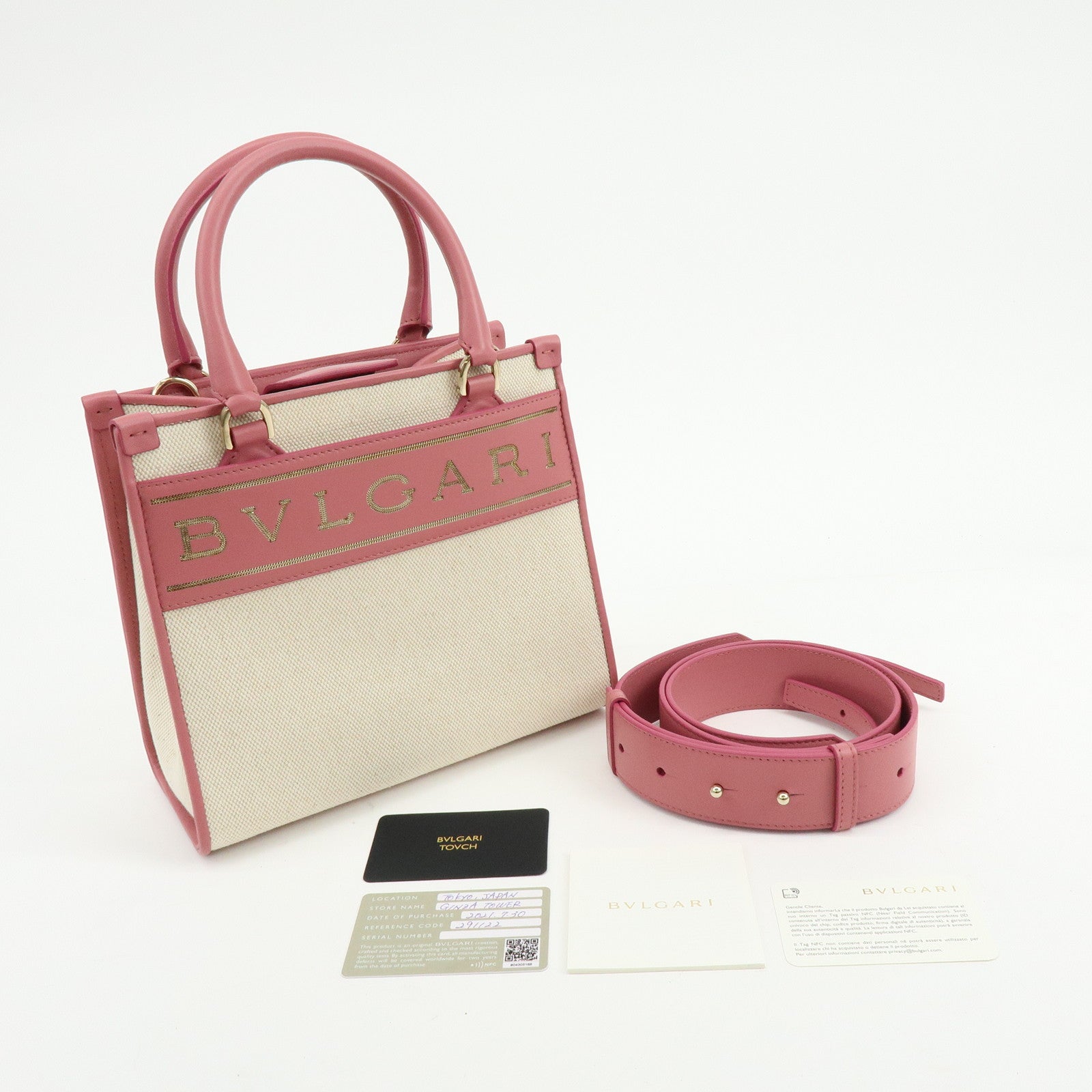 BVLGARI Logo Canvas Leather 2Way Bag Hand Bag Shoulder Bag Pink
