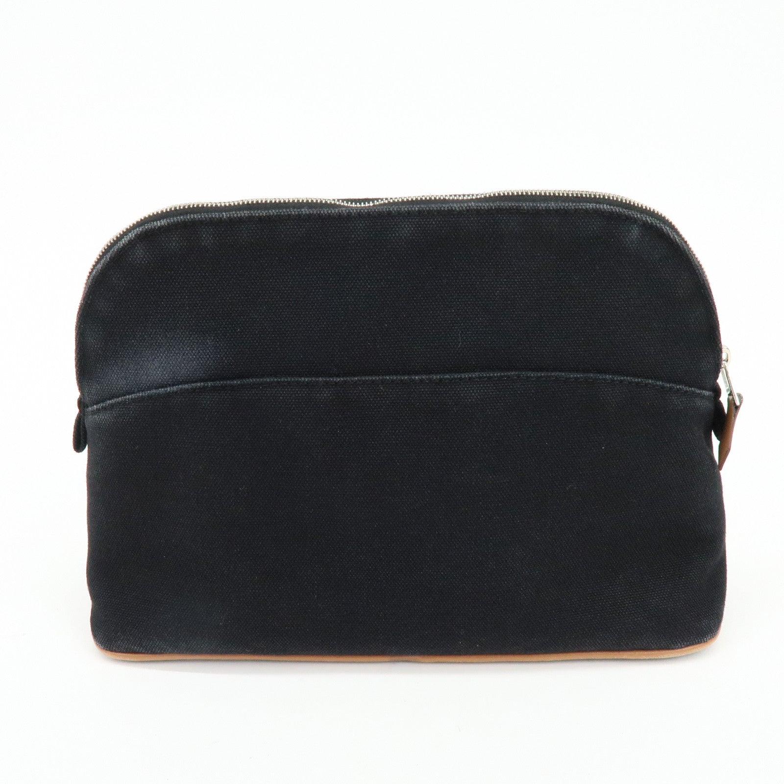 HERMES Bolide Pouch MM Cotton Leather Cosmetic Bag Black Brown