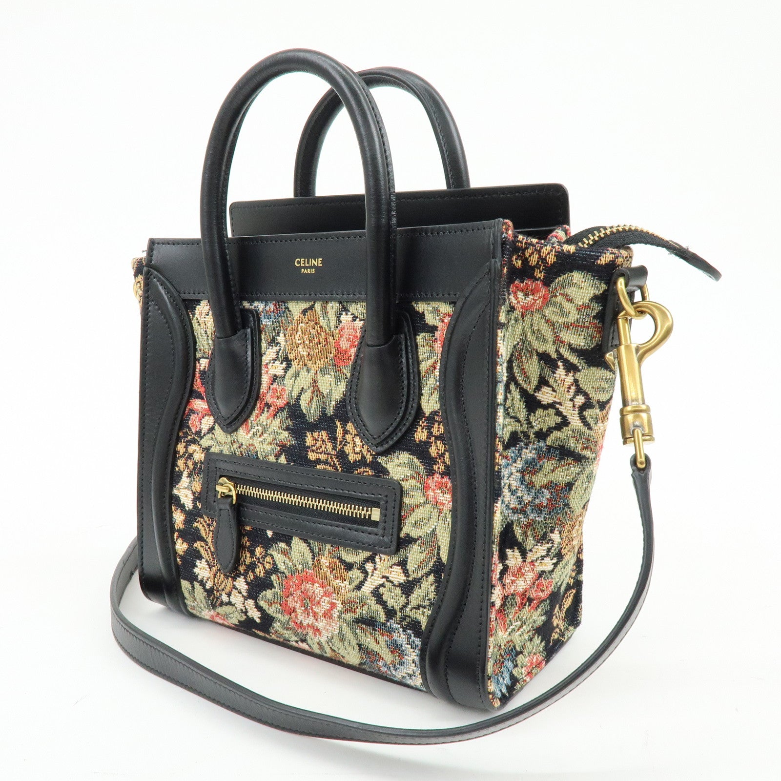 CELINE Luggage Jaquard Canvas Leathre Flower 2Way Shoulder Bag Black