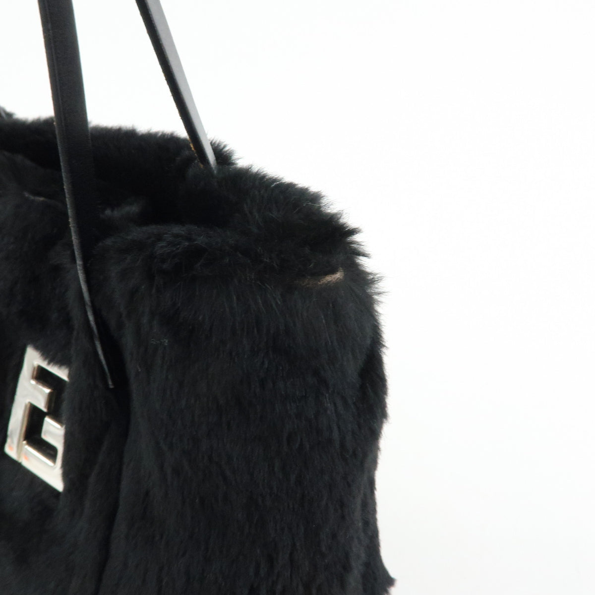 FENDI FF Logo Lapin Rabbit Fur Leather Shoulder Tote Bag Black 16001