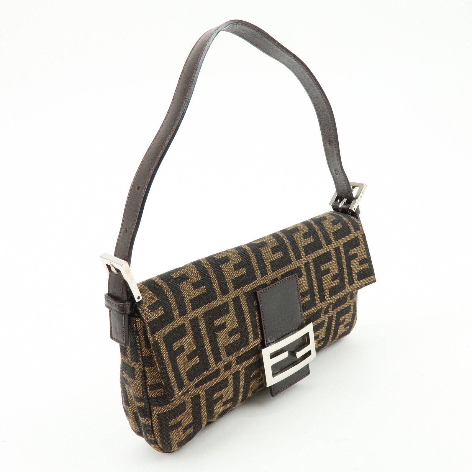 FENDI Mamma Baguette Jacquard Canvas Leather Shoulder Bag Brown 26424