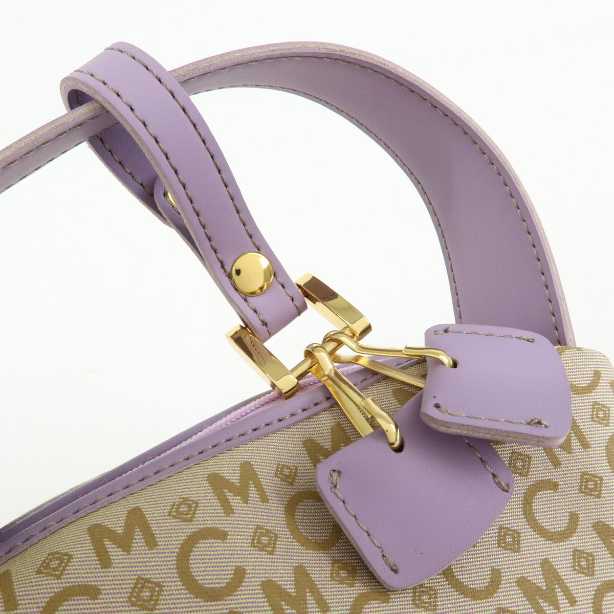 MCM Visetos Jacquard Canvas Leather Mini Hand Bag Beige Purple