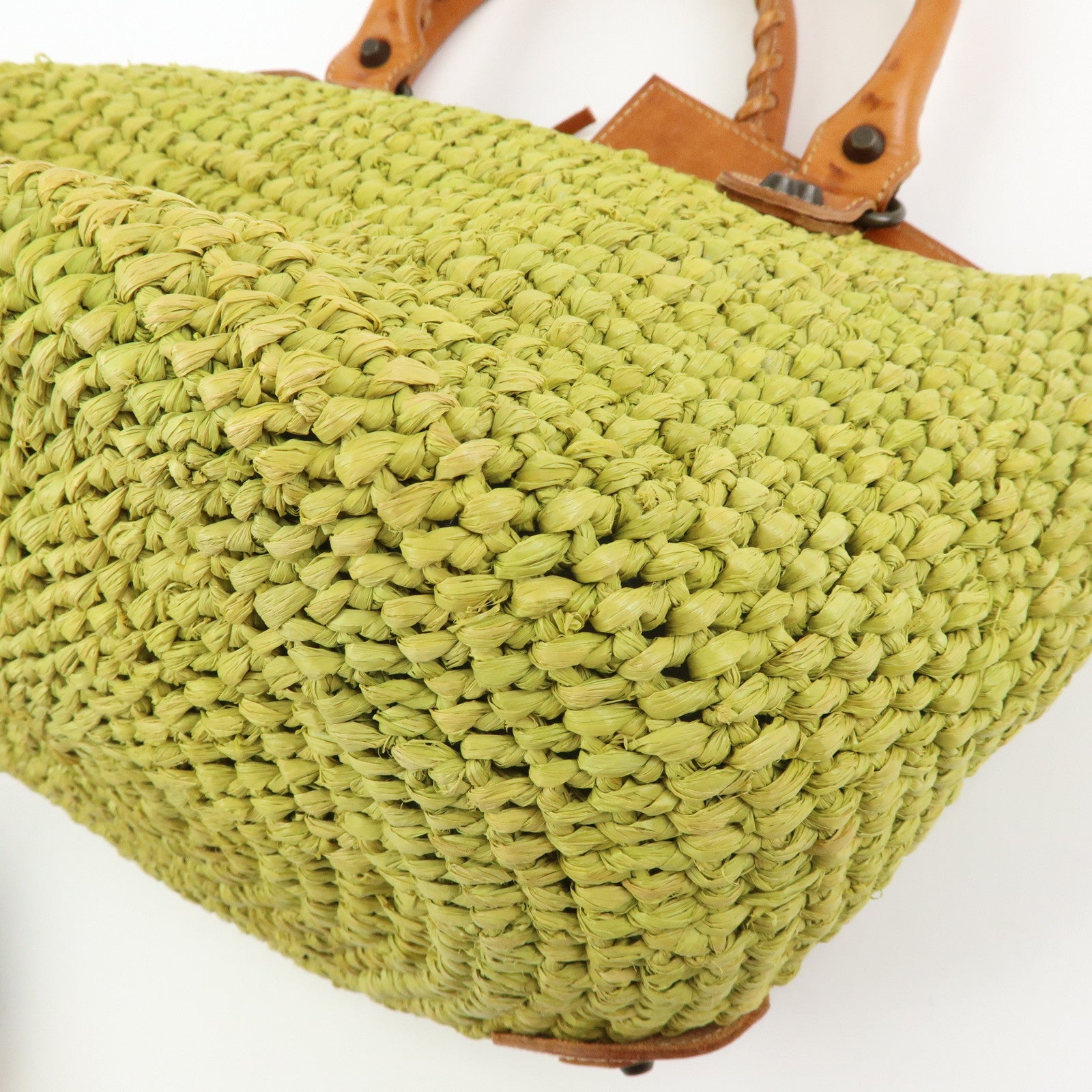 Balenciaga Panier Raffia Leather Basket Tote Bag Green Brown 236741