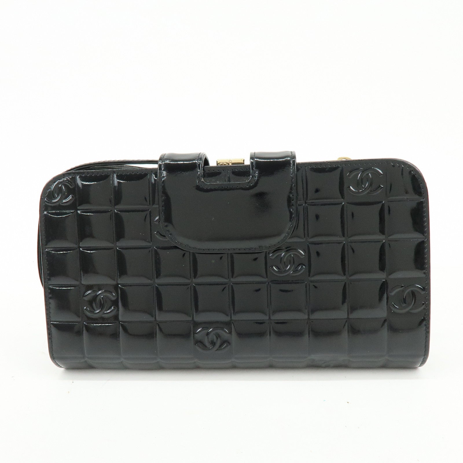 CHANEL COCO Mark Chocolate Bar Patent Leather Long Wallet Black