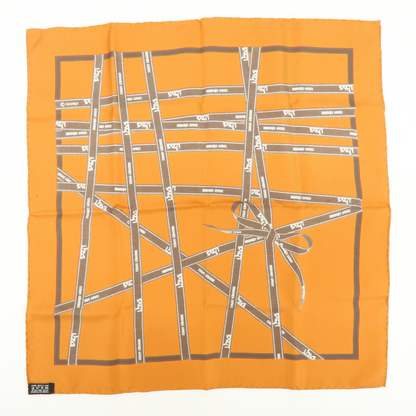 HERMES Carre 45 Bolduc Silk 100% Scarf Ribbon Pattern Orange Brown