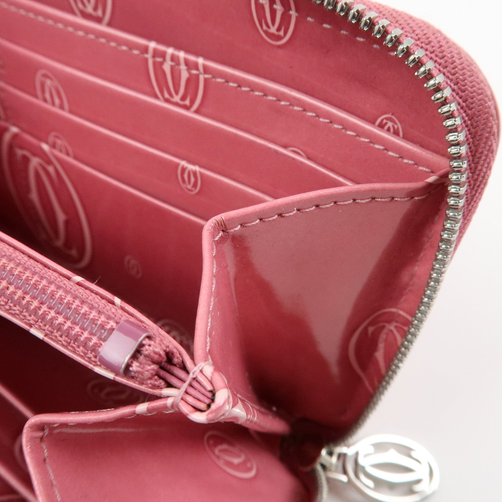 Cartier Happy Birthday Patent Leather Round Zippy Long Wallet Pink