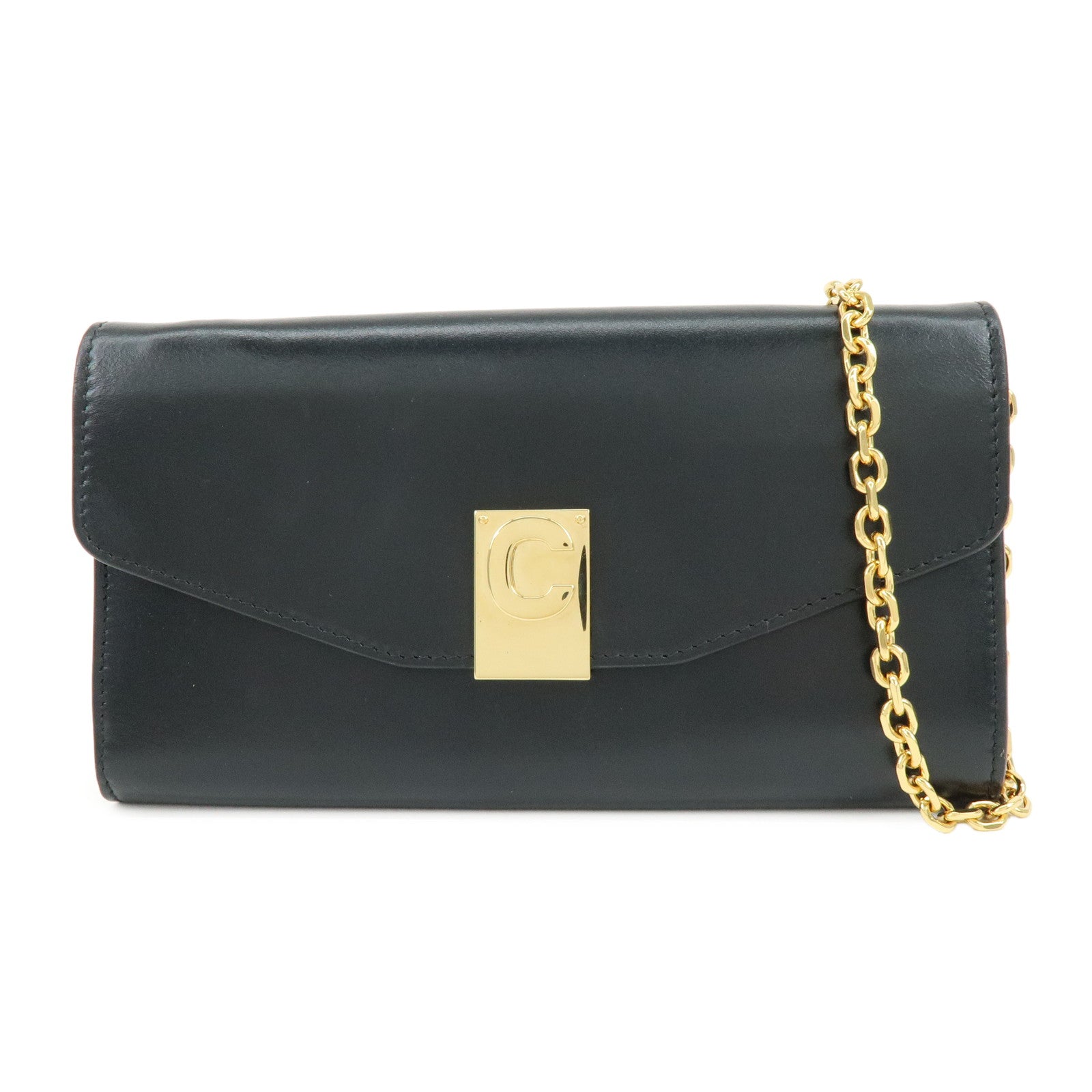 CELINE C Logo Leather Chain Long Flap Wallet Black