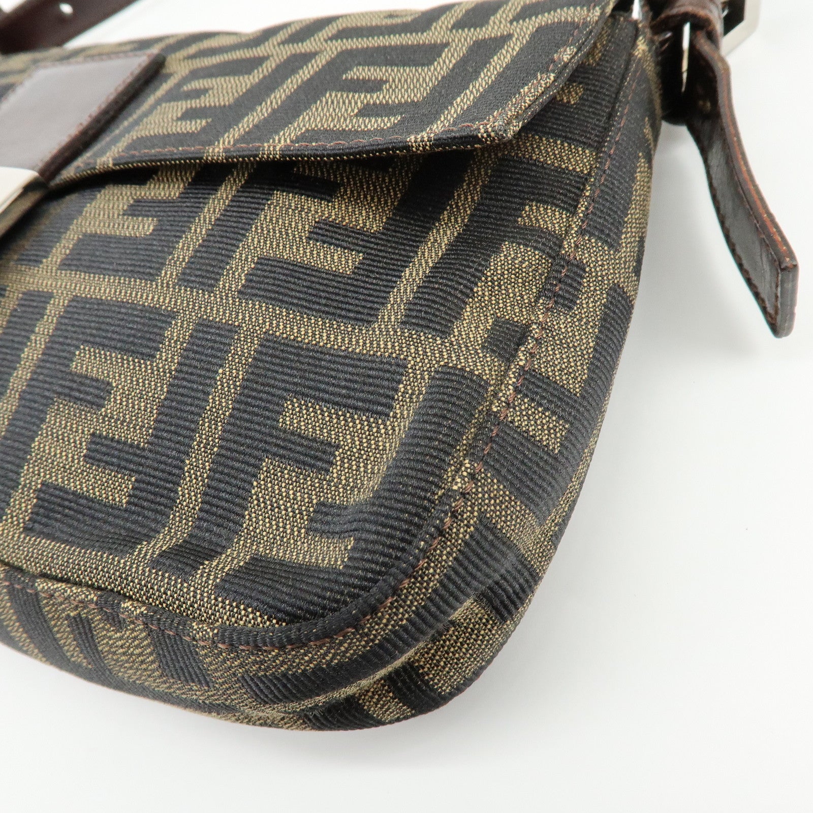 FENDI Mamma Baguette Jacquard Canvas Leather Shoulder Bag Brown 26424