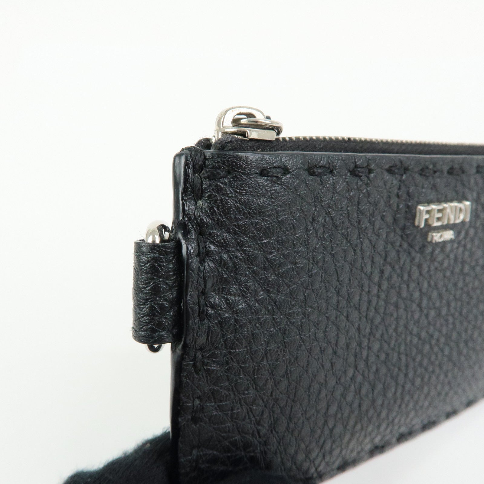 FENDI Selleria Calf Leather Card Case Coin Case Black 7M0343