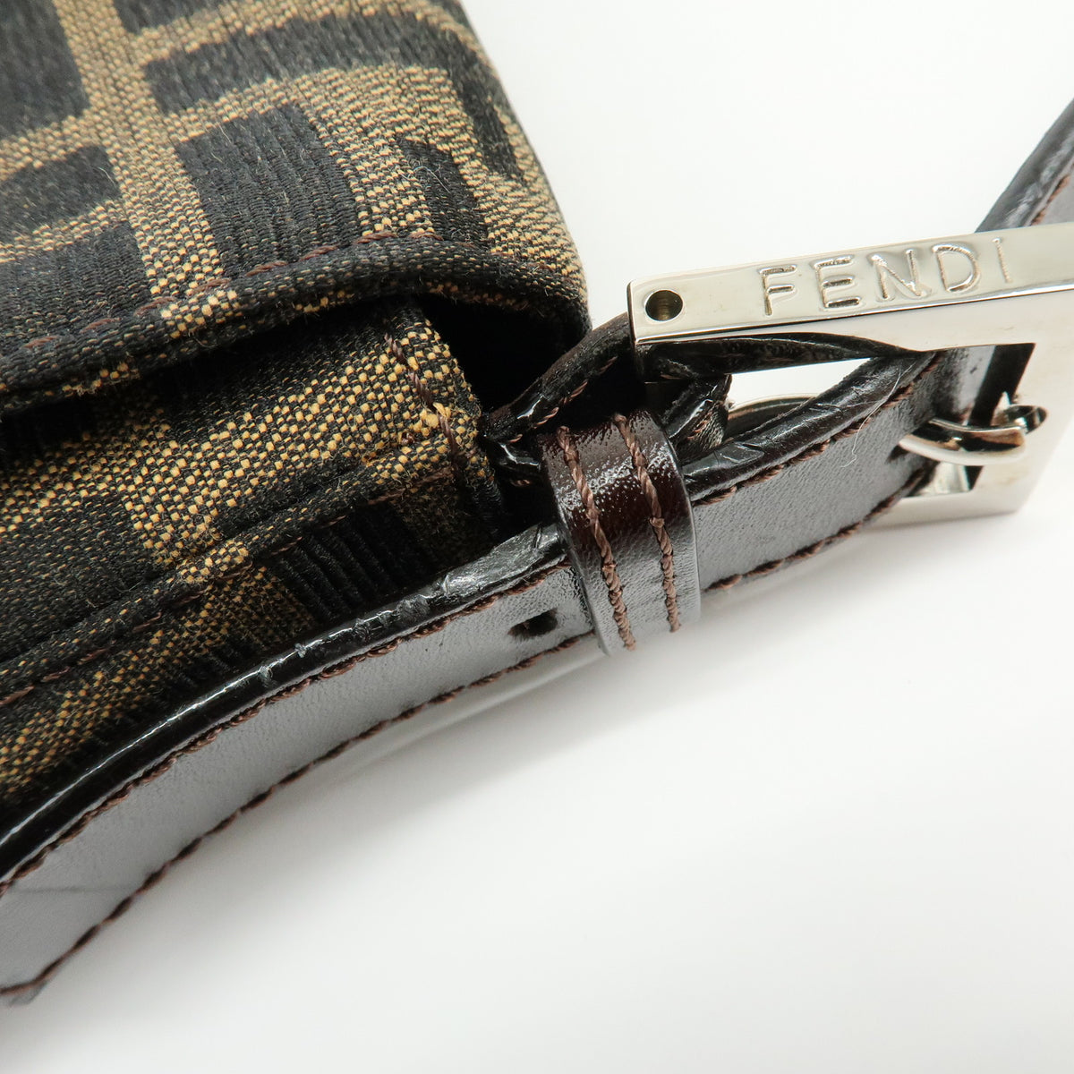 FENDI Mamma Baguette Zucca Canvas Leather Shoulder Bag Brown 26424
