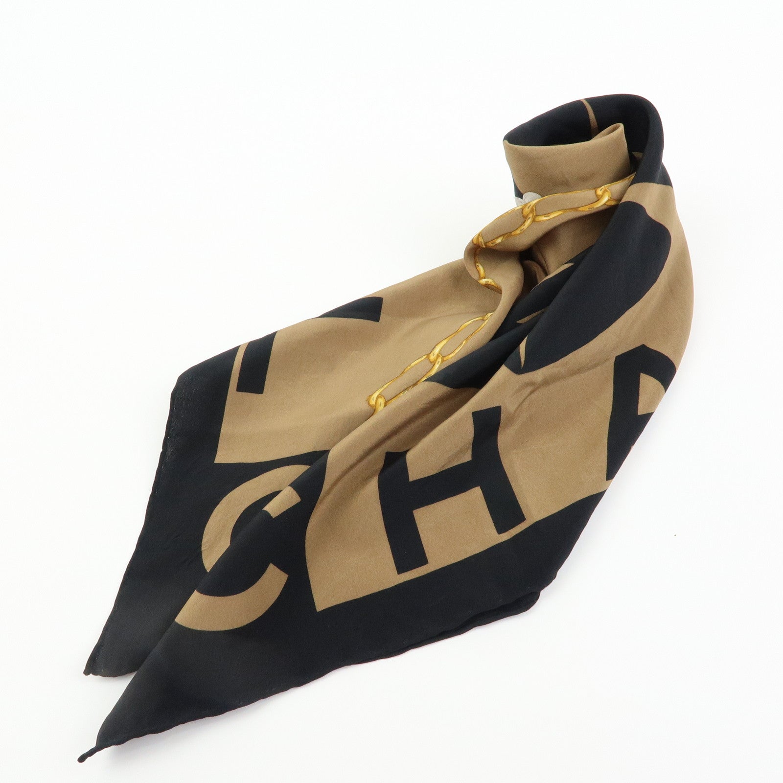 CHANEL Silk 100% Scarf  Pearl Jewelry Brown Black Gold Multicolor