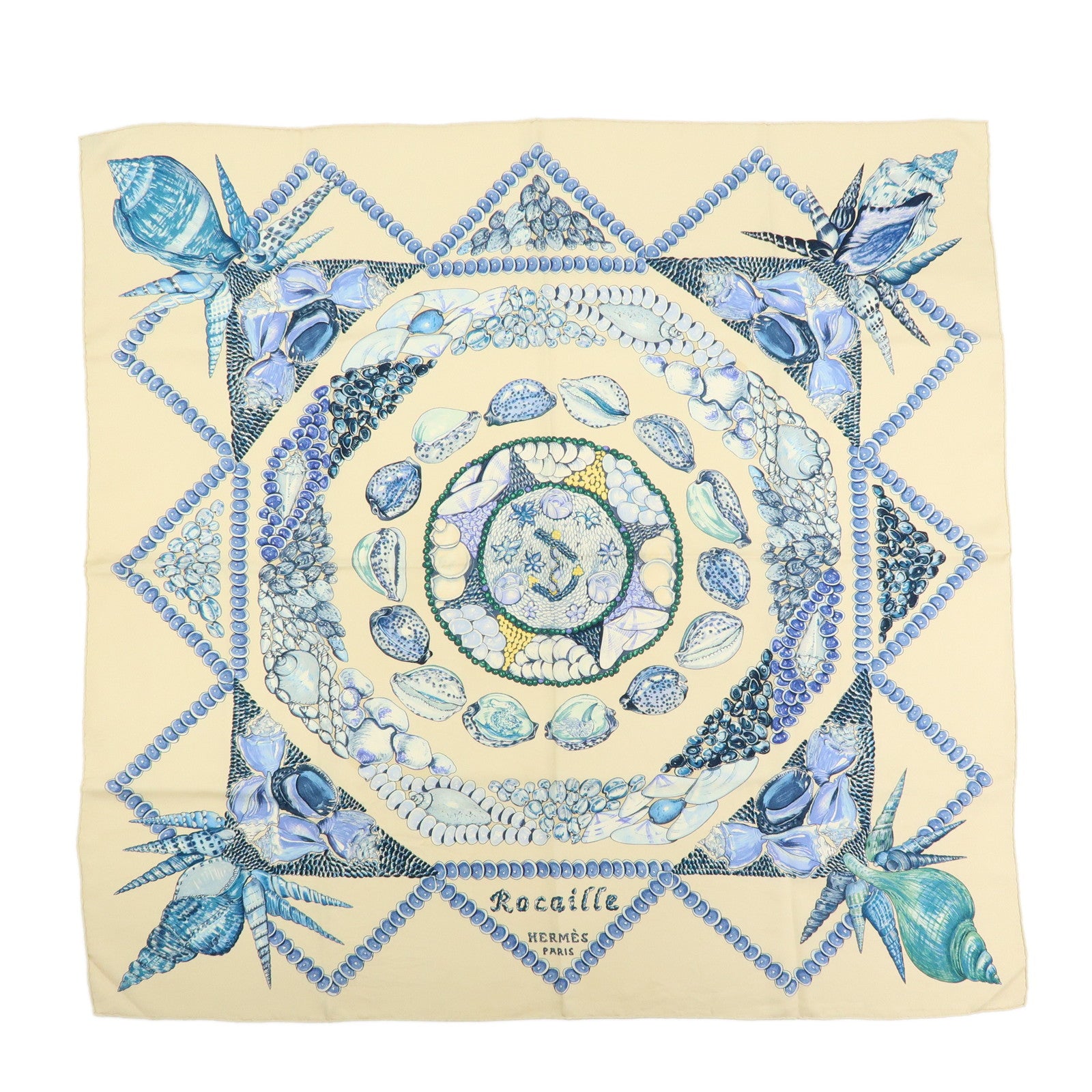 HERMES Carre 90 Silk 100% Scarf Rocaille Seashell Motif Beige Blue