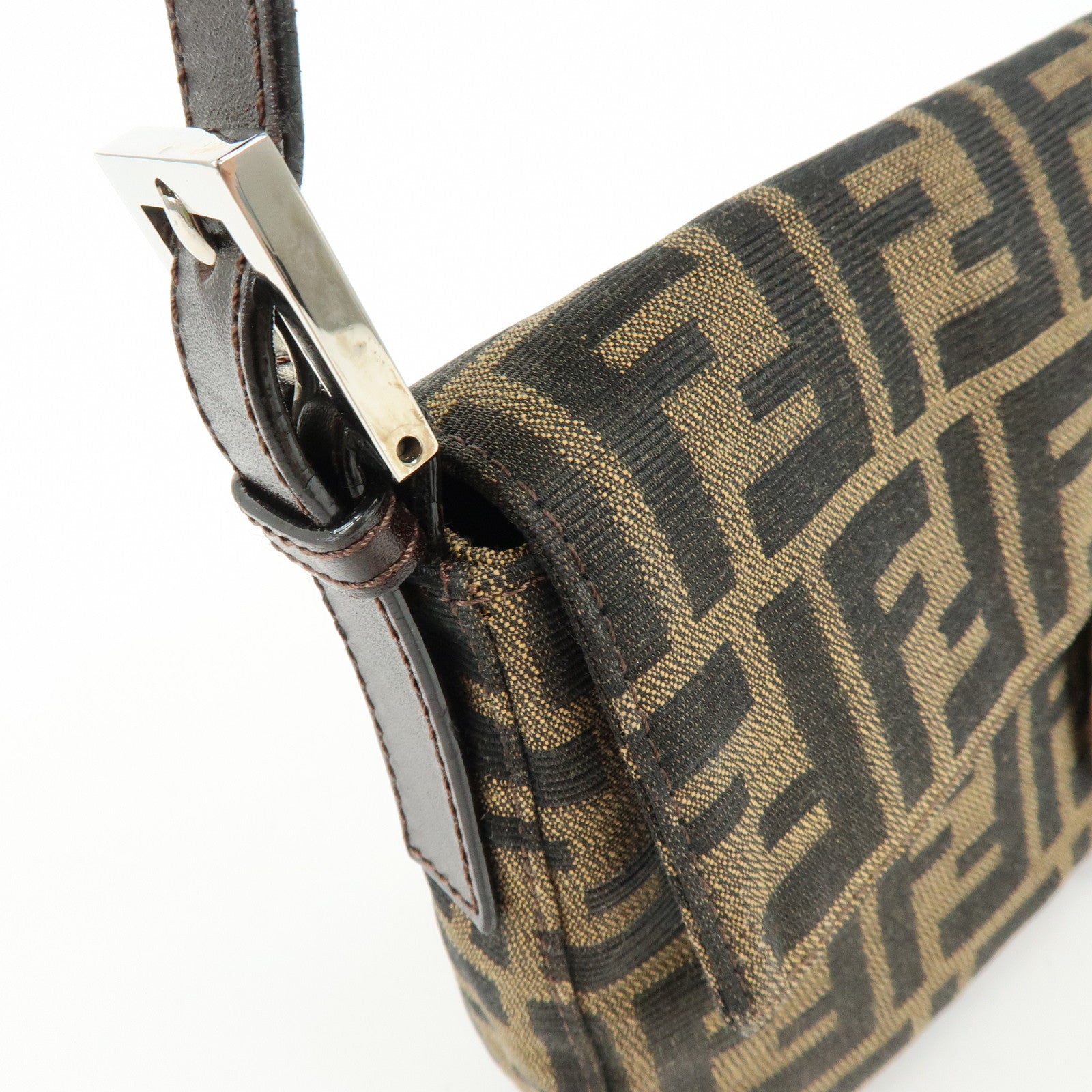 FENDI Mamma Baguette Zucca Canvas Leather Shoulder Bag Brown 26424
