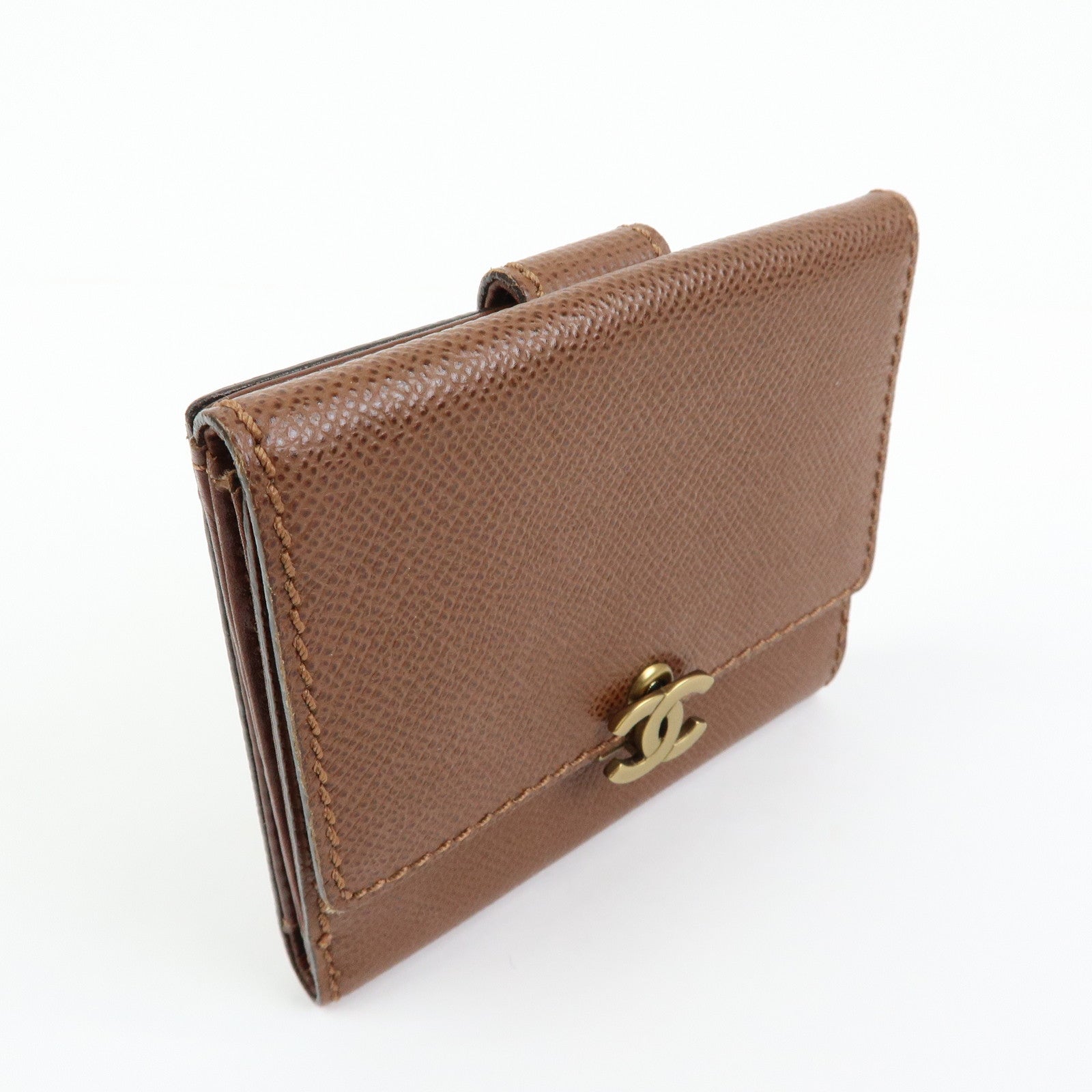 CHANEL COCO Mark Leather Bi-fold Compact Wallet Brown Gold