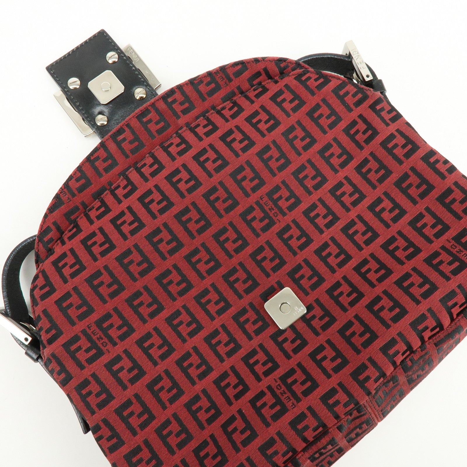 FENDI Mamma Baguette Zucchino Canvas Leather Shoulder Bag Red 8BR003