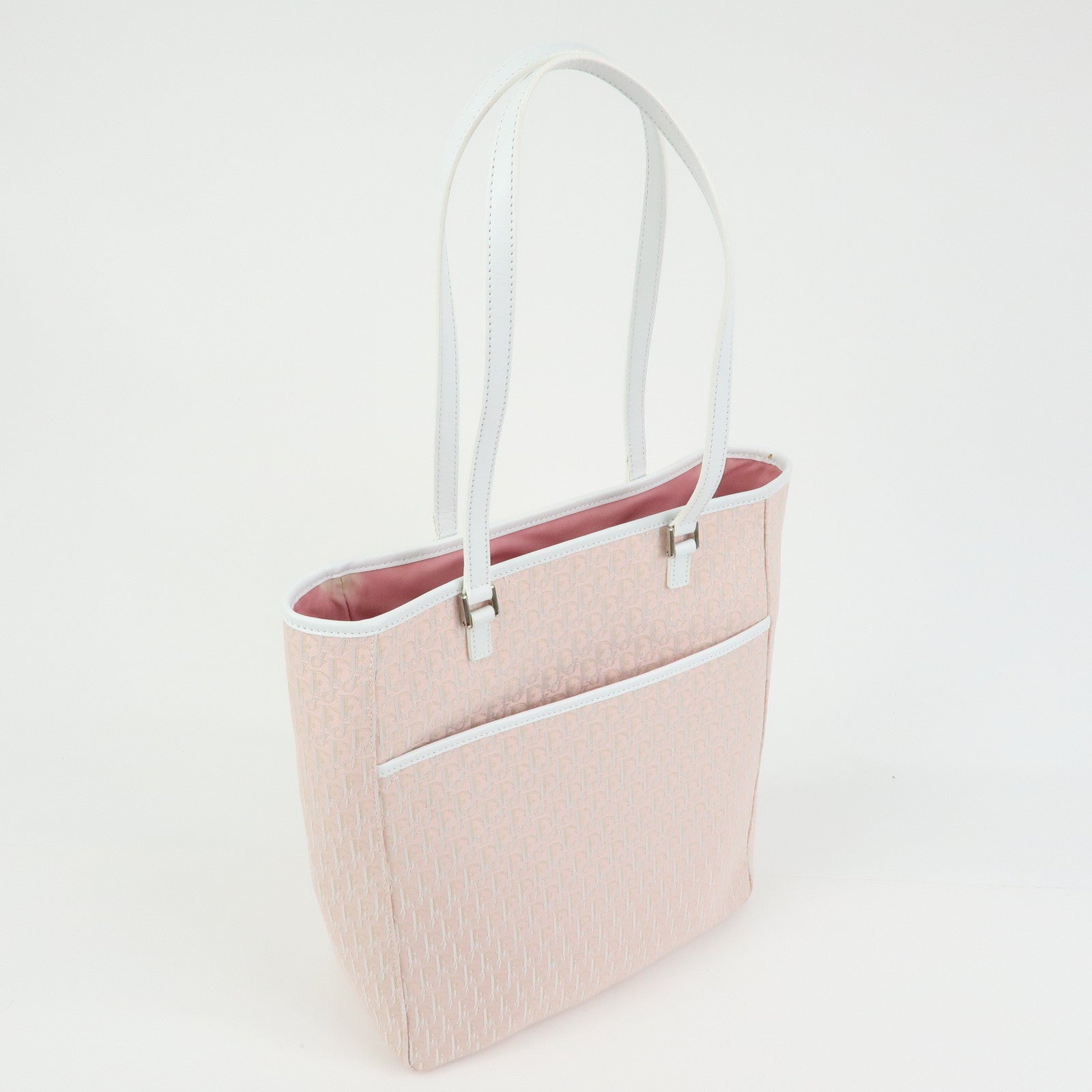 Christian Dior Trotter Jacquard Canvas Leather Tote Bag Pink White