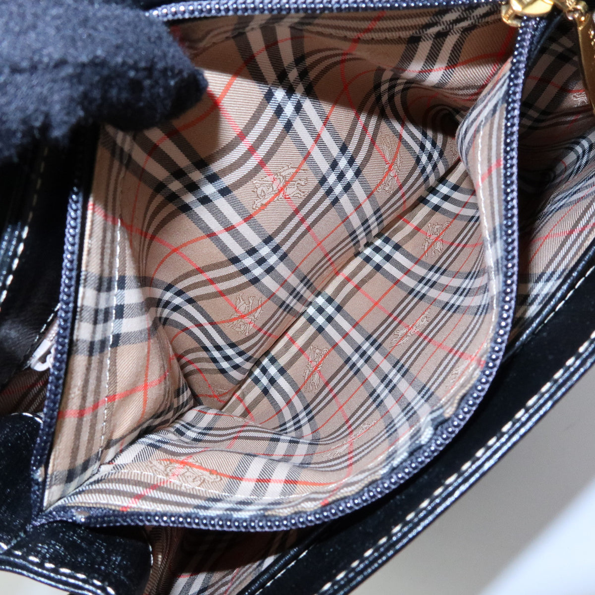 BURBERRY Nova Plaid Leather Hand Bag Tote Bag Side Belt Black