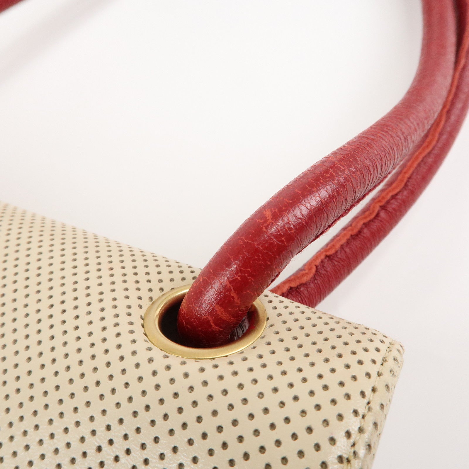 CHANEL COCO Mark Punching Leather Shoulder Bag Hand Bag Beige Red Used