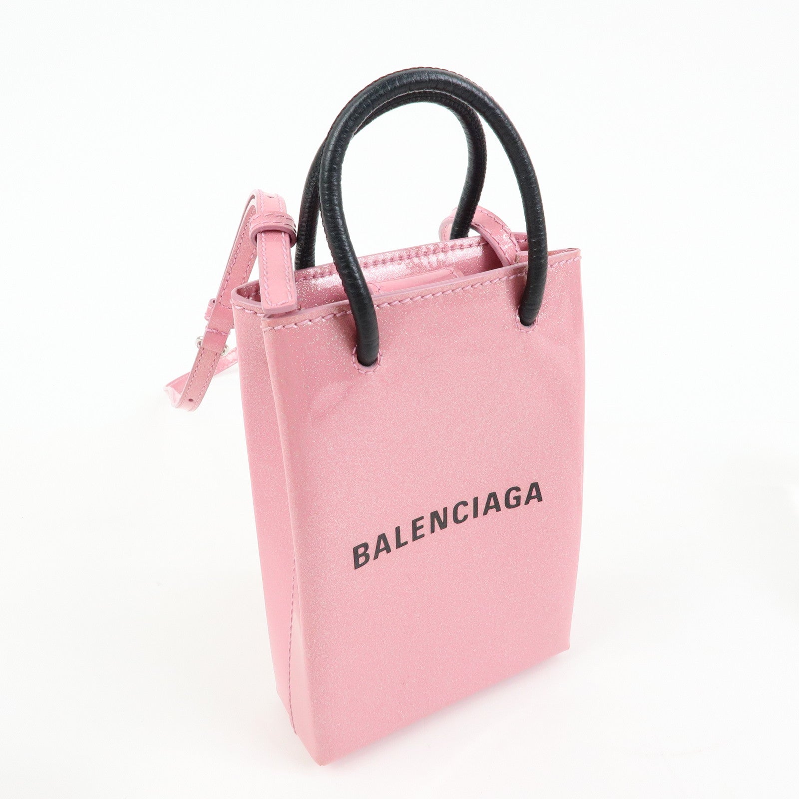 BALENCIAGA Patent Leather Shopping Phone Holder 2Way Bag Pink 593826