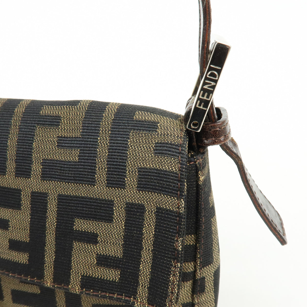 FENDI Mamma Baguette Jacquard Canvas Leather Shoulder Bag Brown 26424