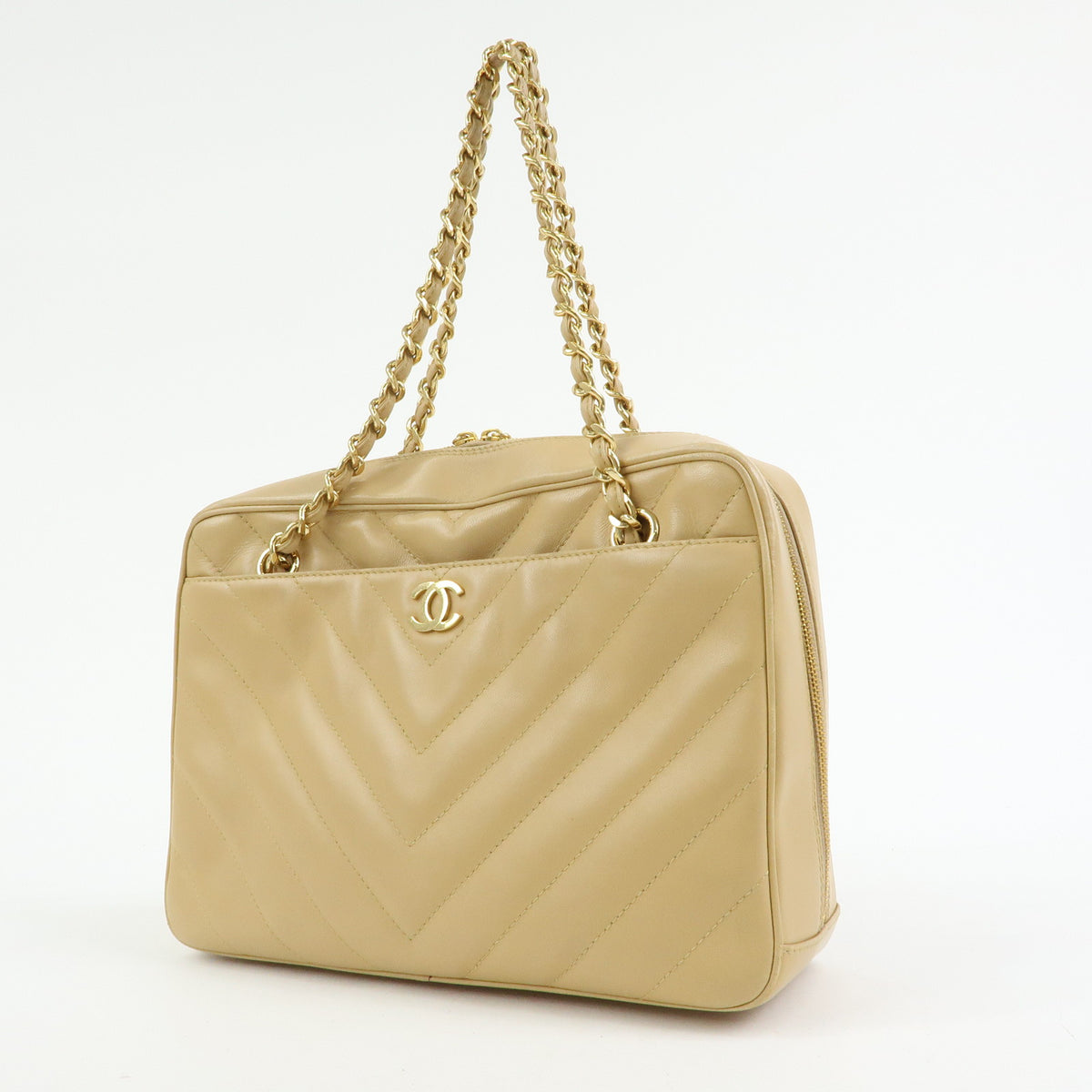 CHANEL Chevron COCO Mark Lamb Skin Chain Shoulder Bag Beige