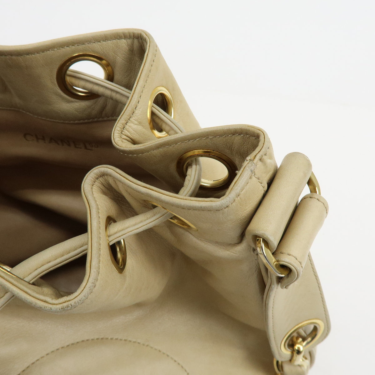 CHANEL Lamb Skin Bucket Chain Shoulder Bag Beige A01349