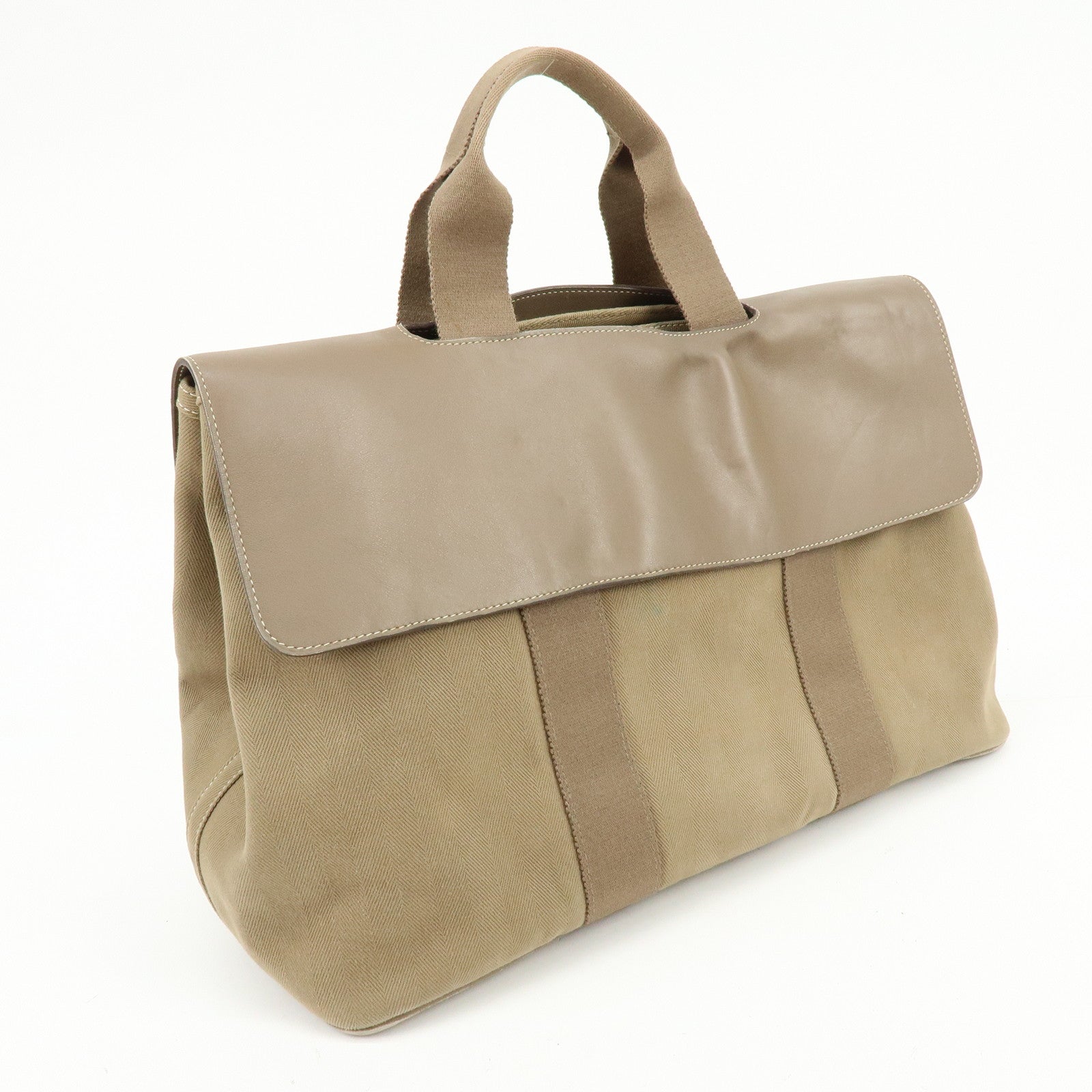 HERMES Valparaiso Toile Chevron Leather MM Hand Tote Bag Beige