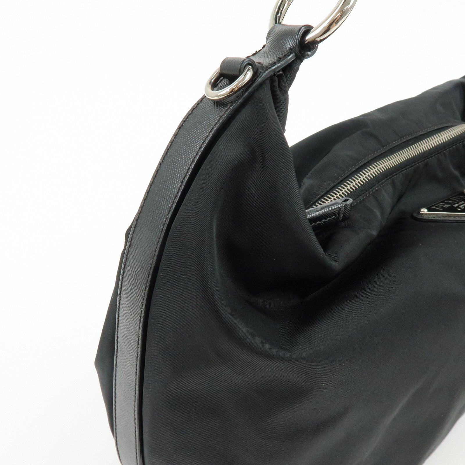 PRADA Triangle Logo Nylon Saffiano Leather Shoulder Bag Black BR3291