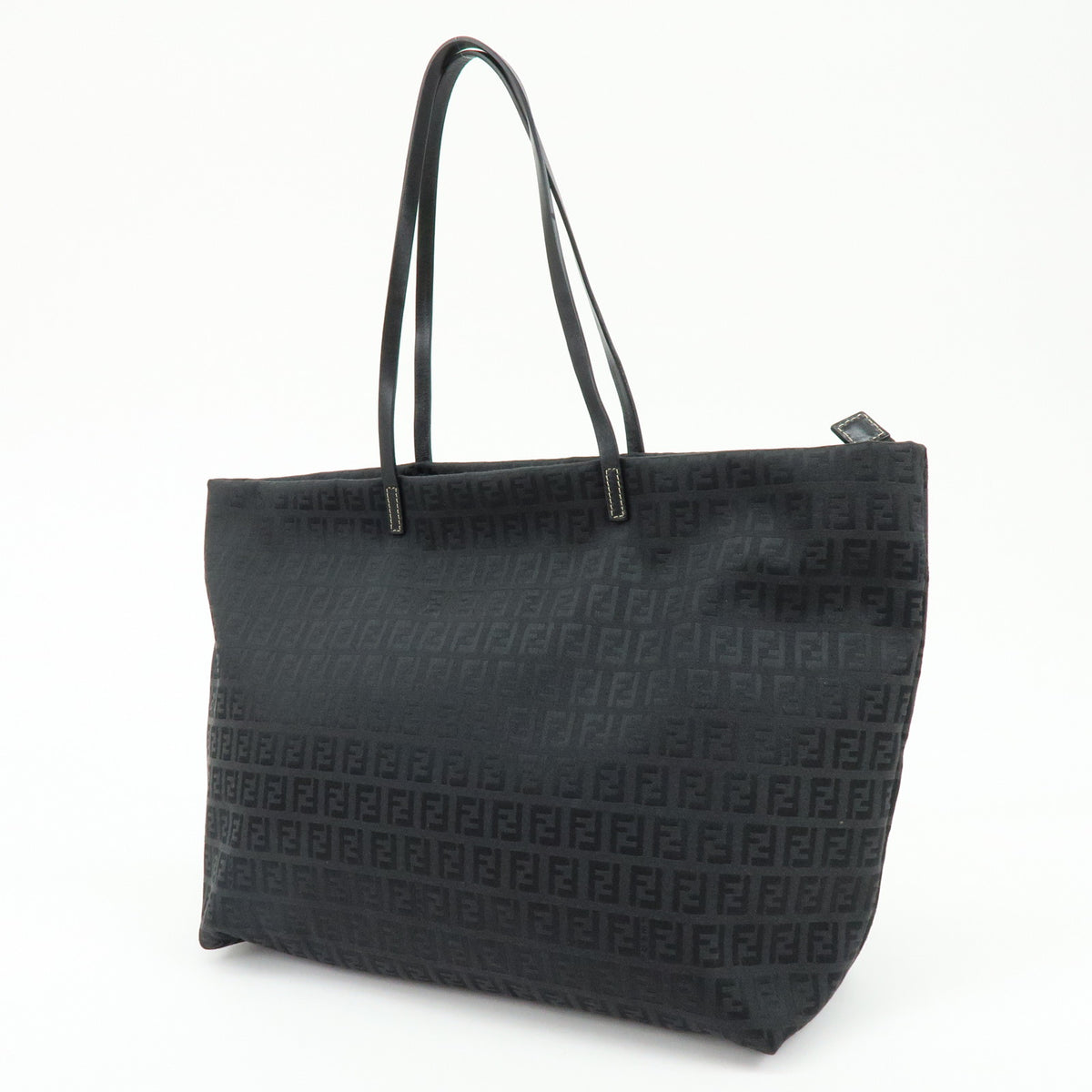FENDI Zucchino Jacquard Canvas Leather Tote Shoulder Bag Black 8BH025