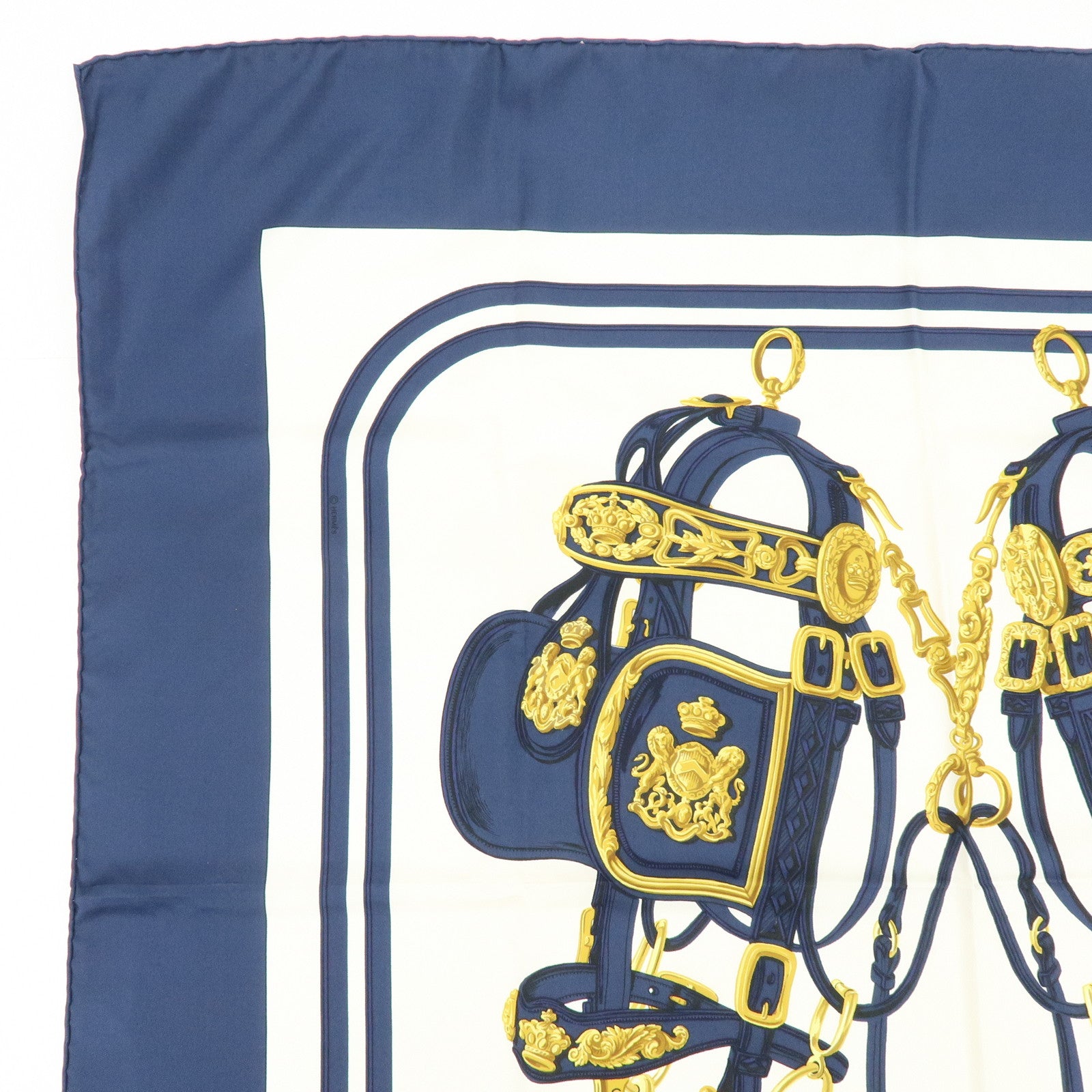 HERMES Carre 90 Silk 100% Scarf BRIDES DE GALA Navy White Gold