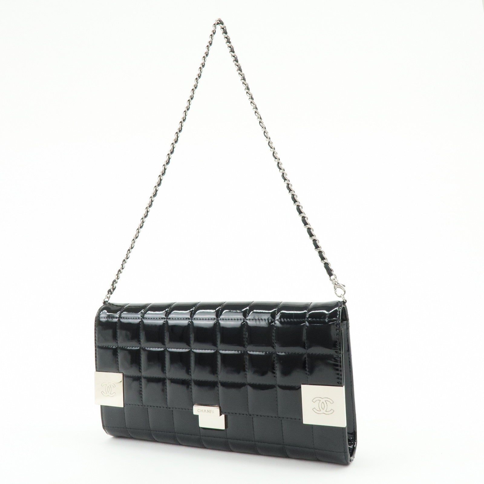 CHANEL Chocolate Bar COCO Mark Patent Leather Shoulder Bag Black Silver