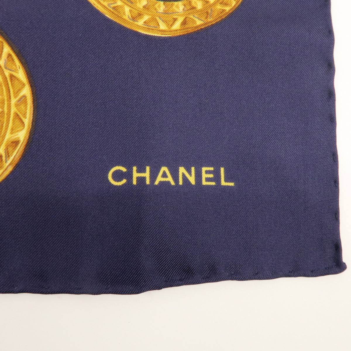 CHANEL COCO Mark Silk 100% Scarf Chain Print Gold Navy Red