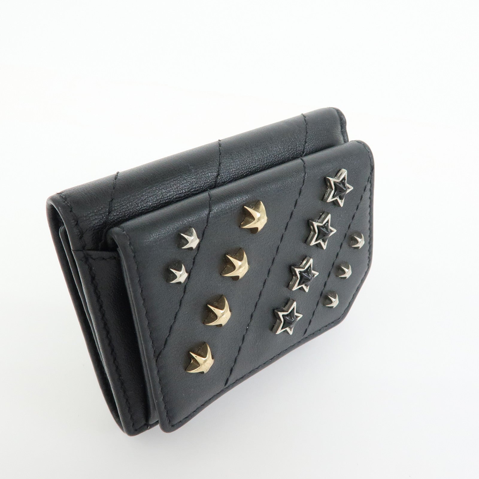 JIMMY CHOO Star Studs Leather Compact Tri-fold Wallet Black