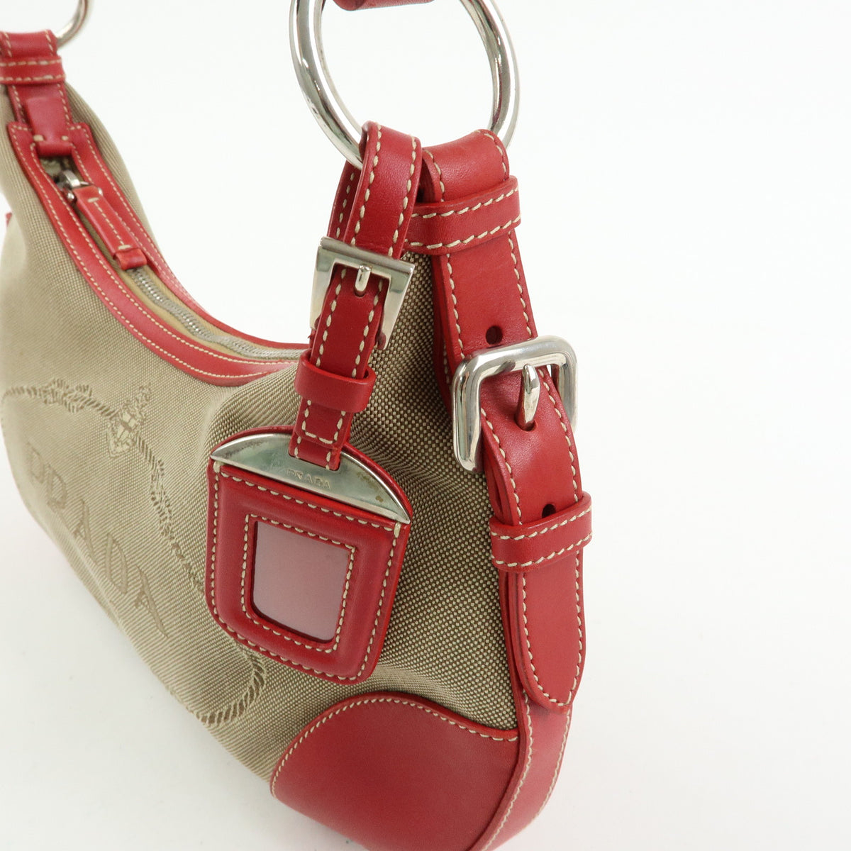 PRADA Logo Jacquard Leather Shoulder Bag Hand Bag Beige Red BR3429