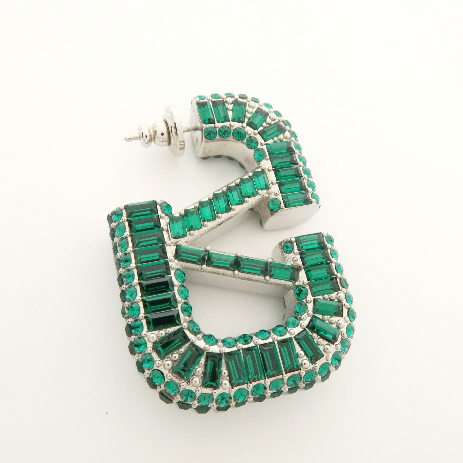 VALENTINO V Logo Signature Metal Rhinestone Earrings Green Silver