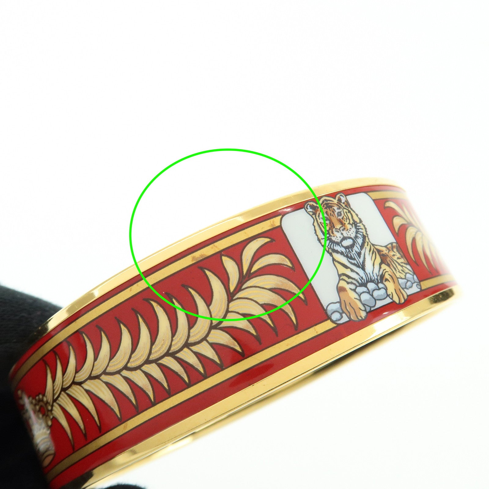 HERMES Email MM Gold Plated Bangle Bracelet Tiger Motif Red Gold