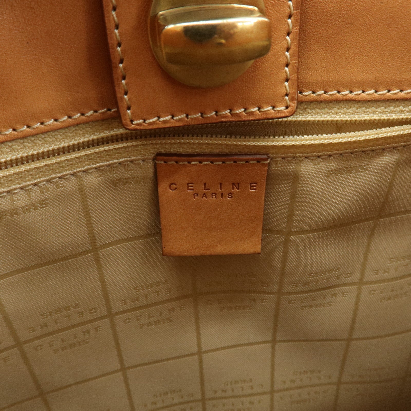 CELINE Logo Leather Turn Lock Shoulder Bag Hand Bag Light Brown