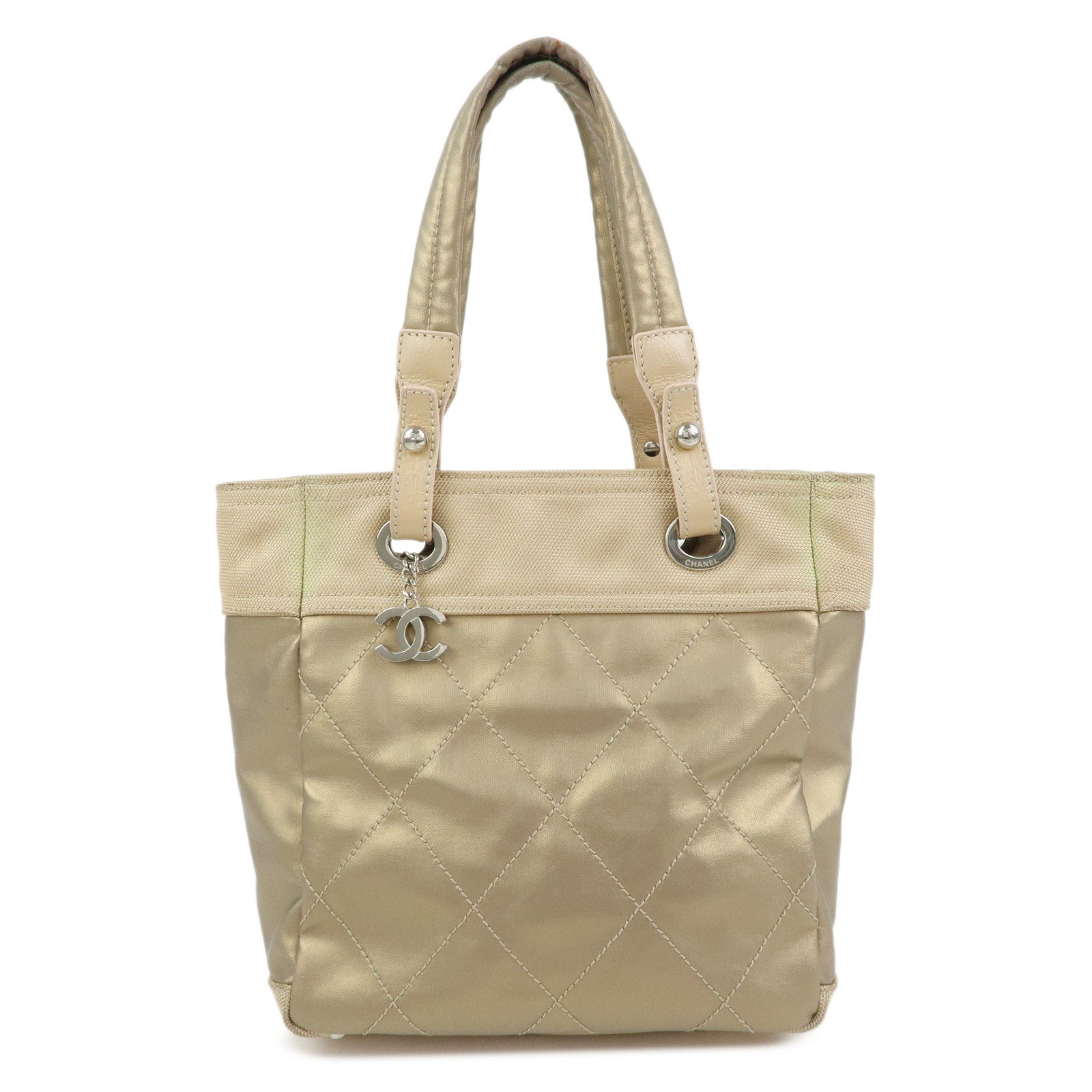 CHANEL Paris Biarritz PM Coated Canvas Leather Tote Bag Gold A34208