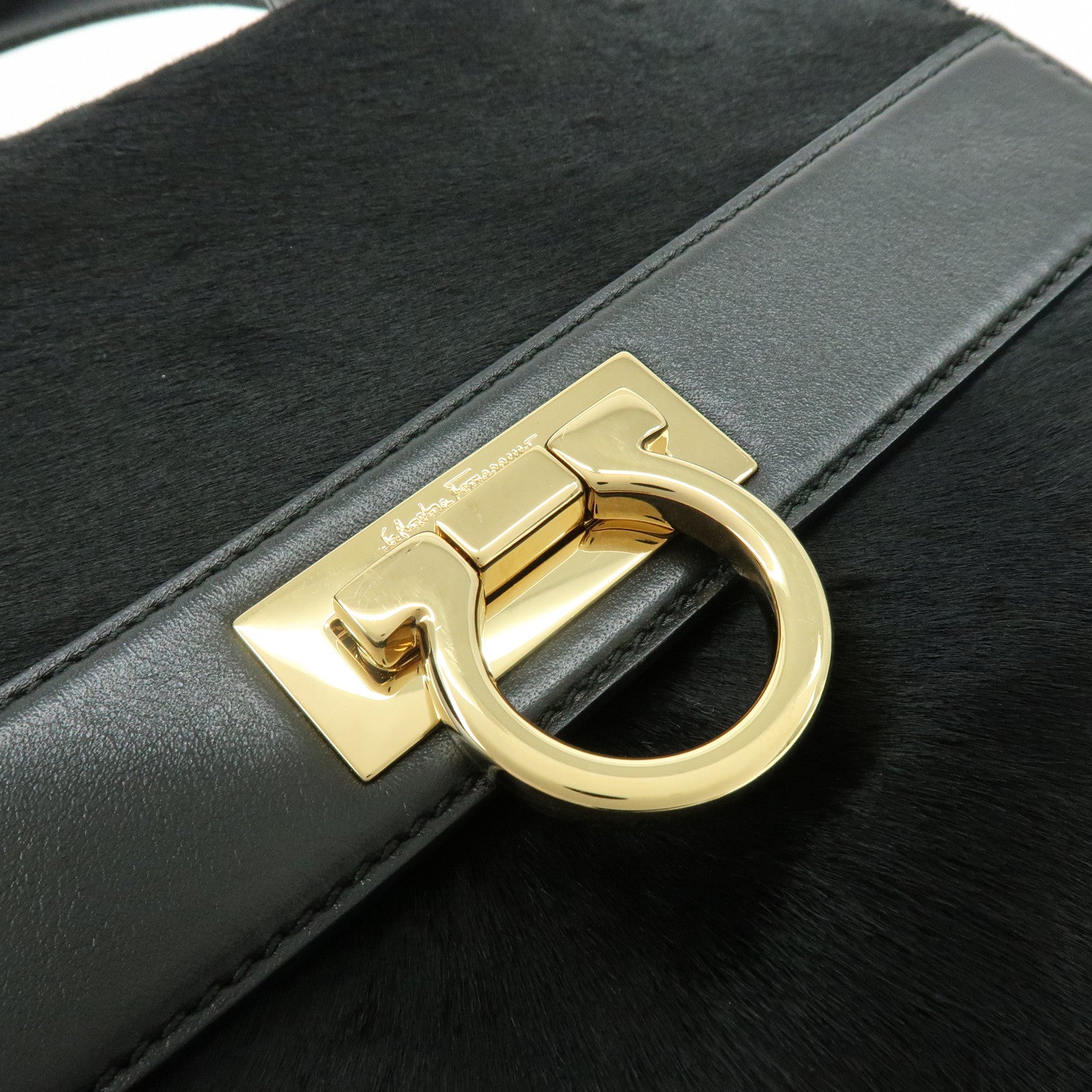 Ferragamo Gancini Unborn Calf Leather 2Way Bag Top Handle Bag Black