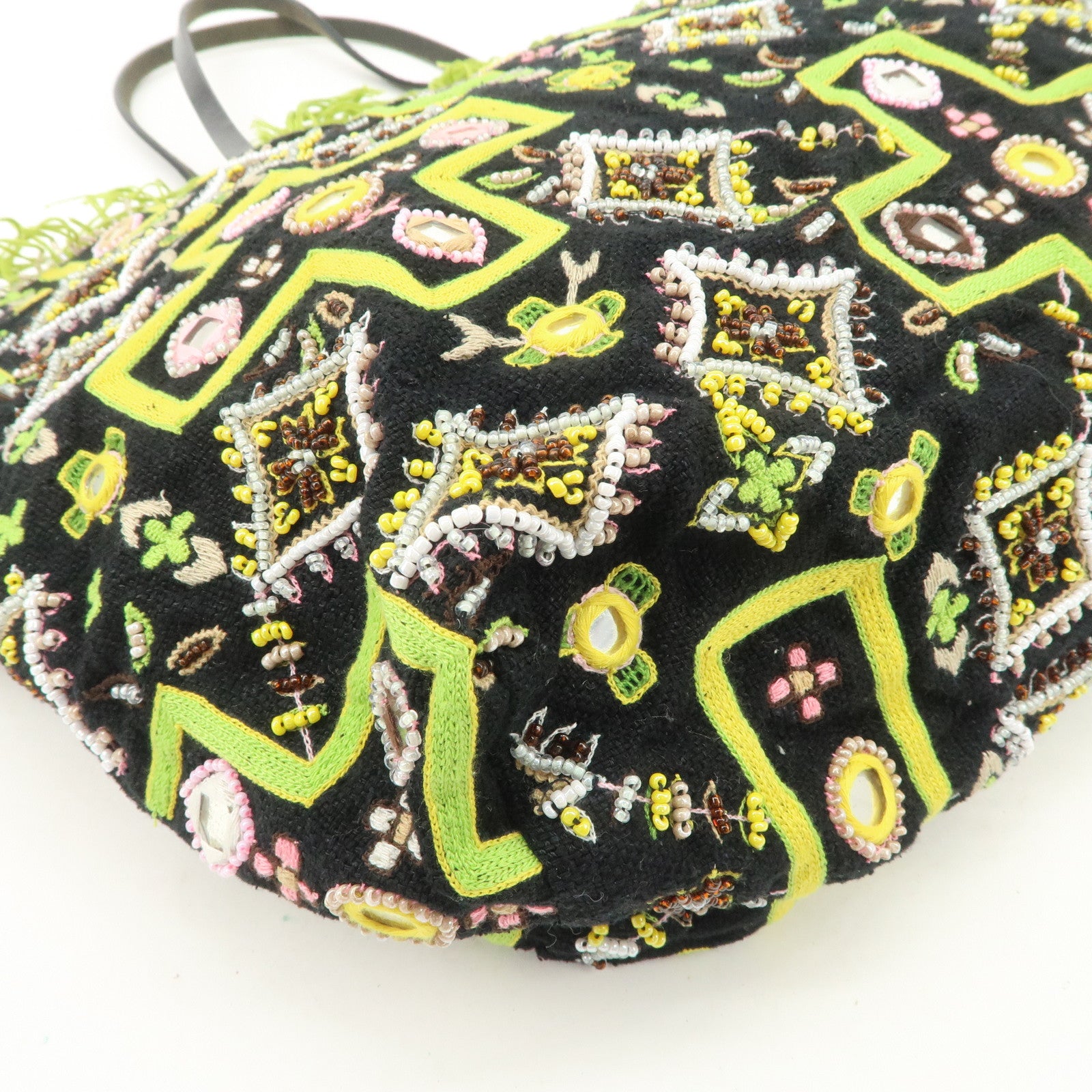 FENDI Canvas Leather Beaded Embroidery Tote Bag Hand Bag Black Used