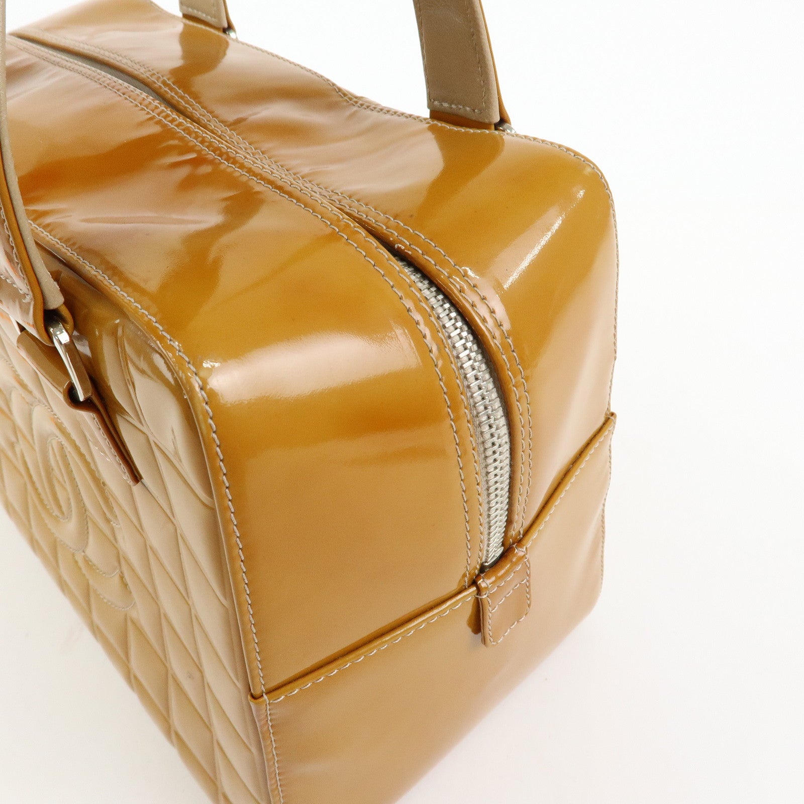 CHANEL Chocolate Bar COCO Mark Patent Leather Boston Bag Hand Bag Camel