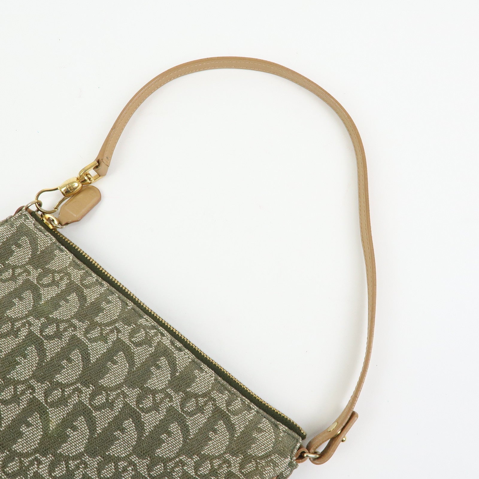 Christian Dior Trotter Saddle Jacquard Canvas Hand Bag Green Beige