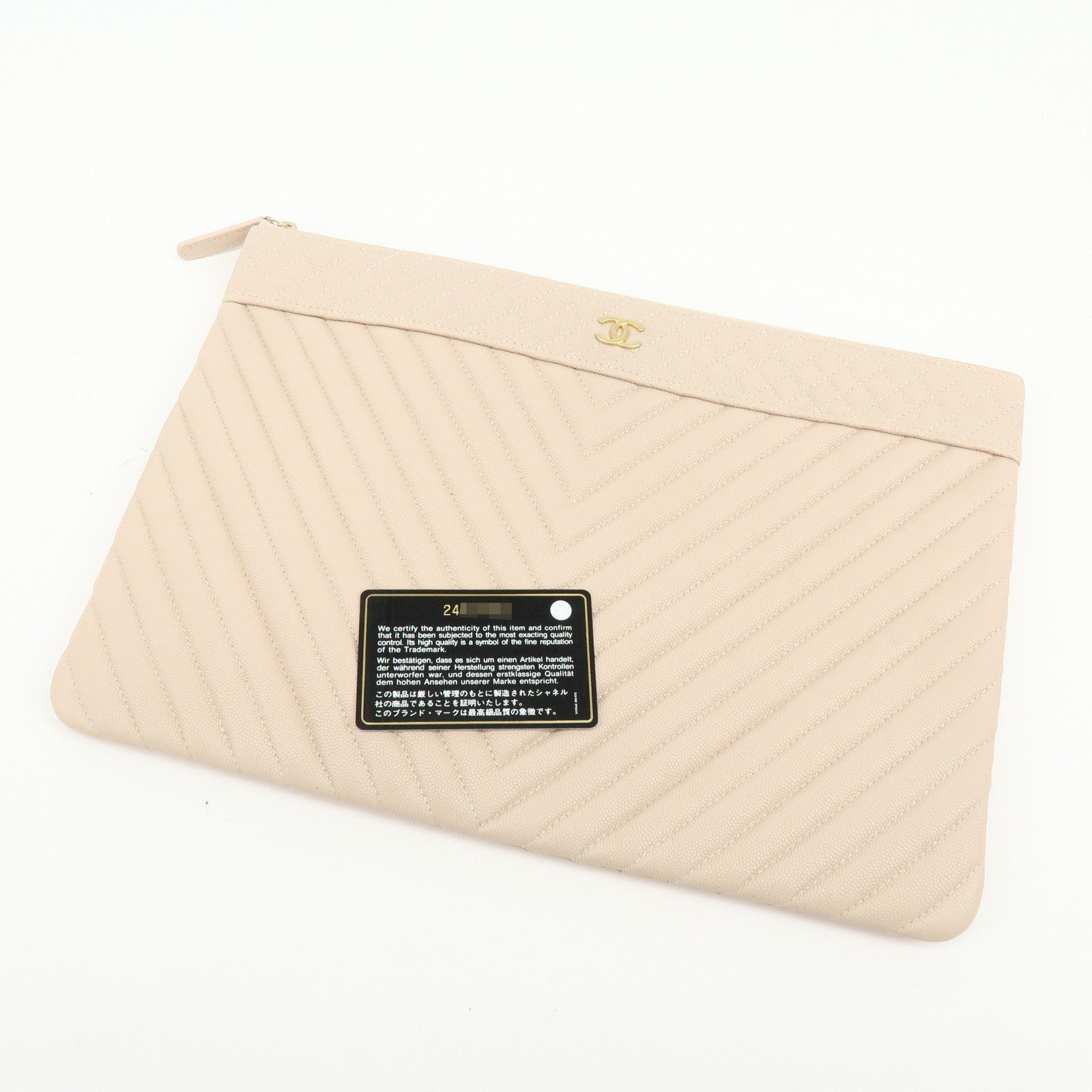 CHANEL COCO Mark Shevron V Stitch Caviarskin Clutch Bag Beige A69251