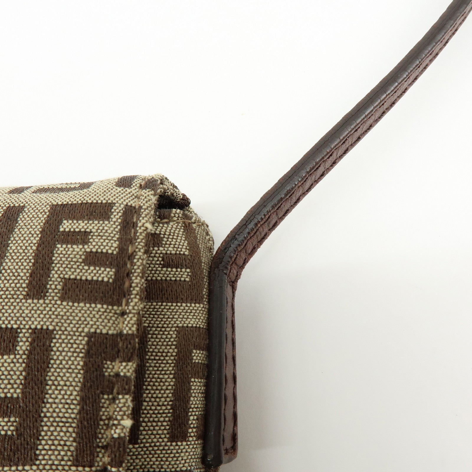 FENDI Zucchino Canvas Leather Shoulder Bag Beige Brown 8BT075