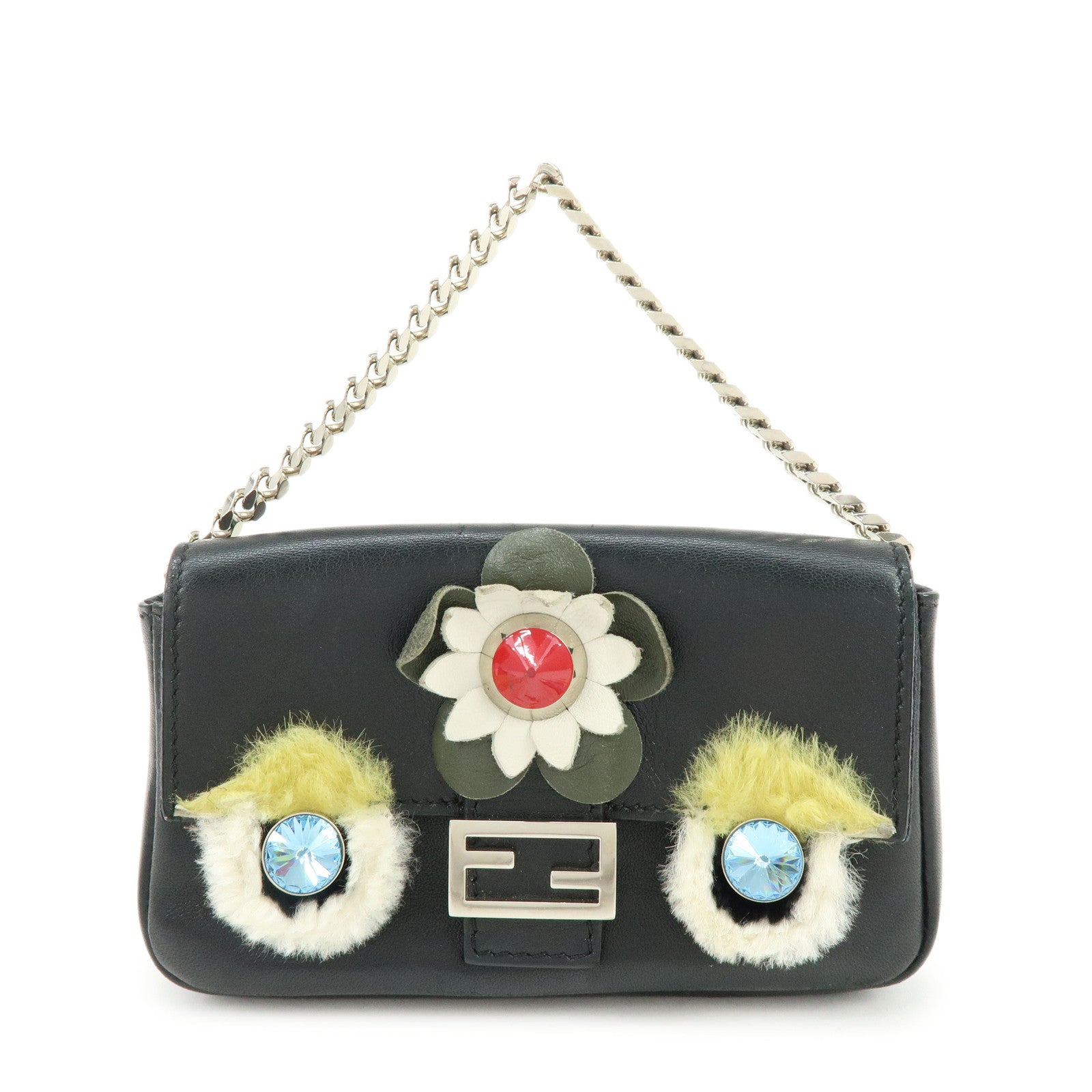 FENDI Monster Micro Baguette Leather Shoulder Bag Rhinestone 8M0354