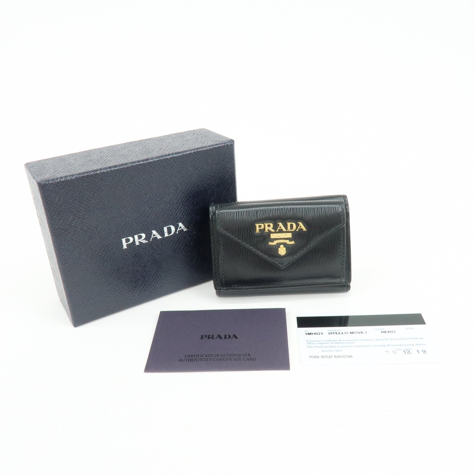 PRADA Vitello Move Leather Tri-fold Compact Wallet Black 1MH021