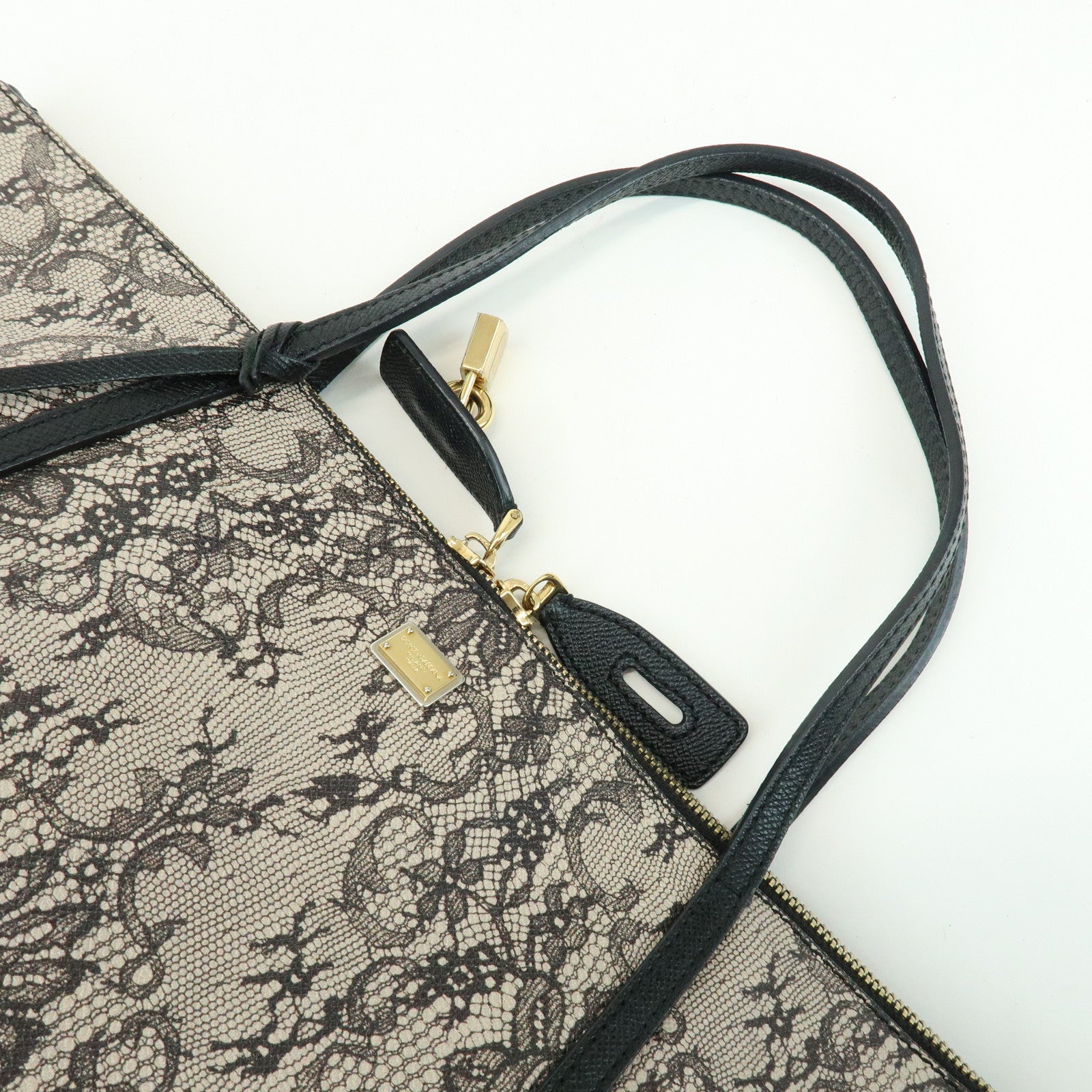 Dolce & Gabbana PVC Leather Tote Bag Shoulder Bag Lace Print Ivory