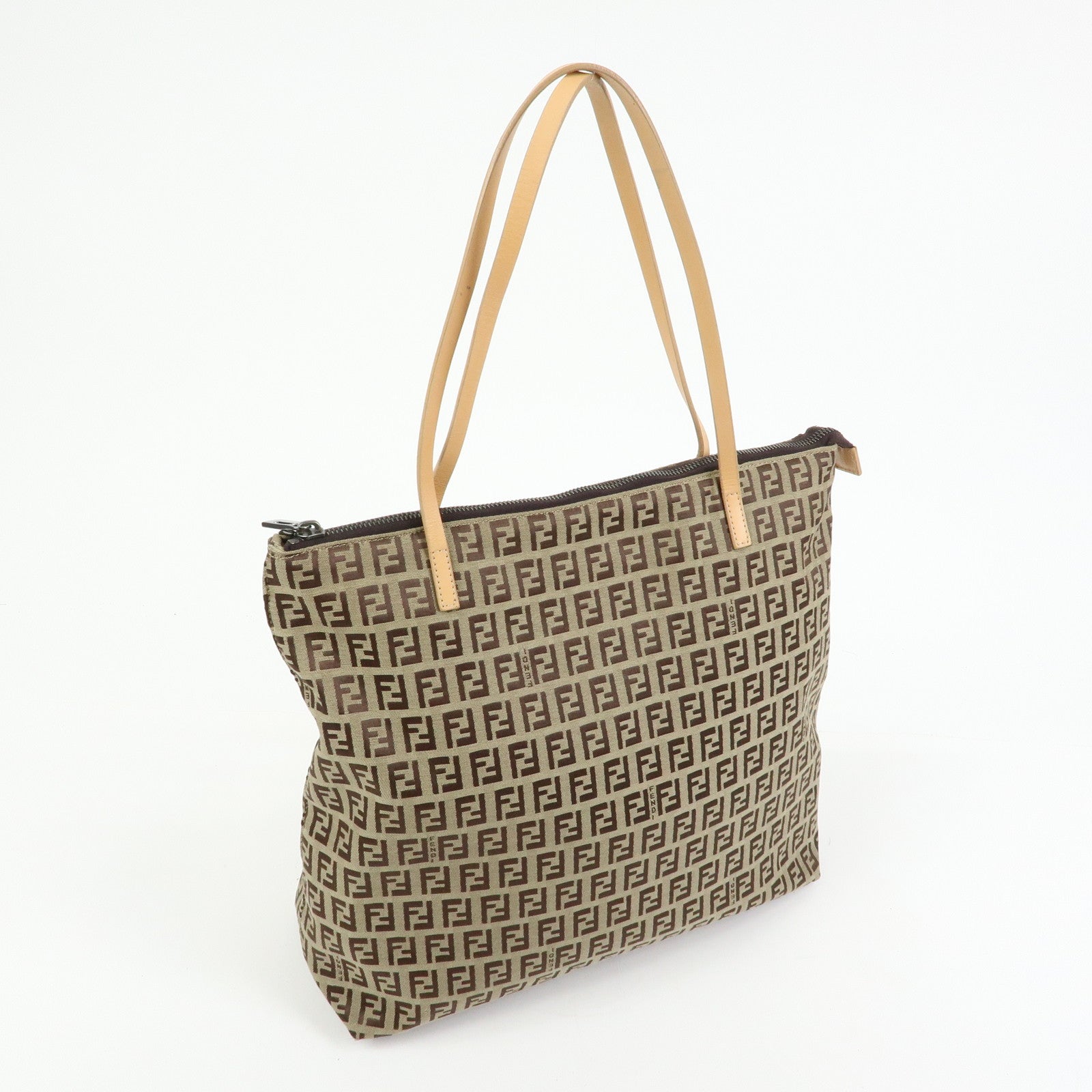 FENDI Zucchino Canvas Leather Tote Bag Shoulder Bag Beige 8BH024