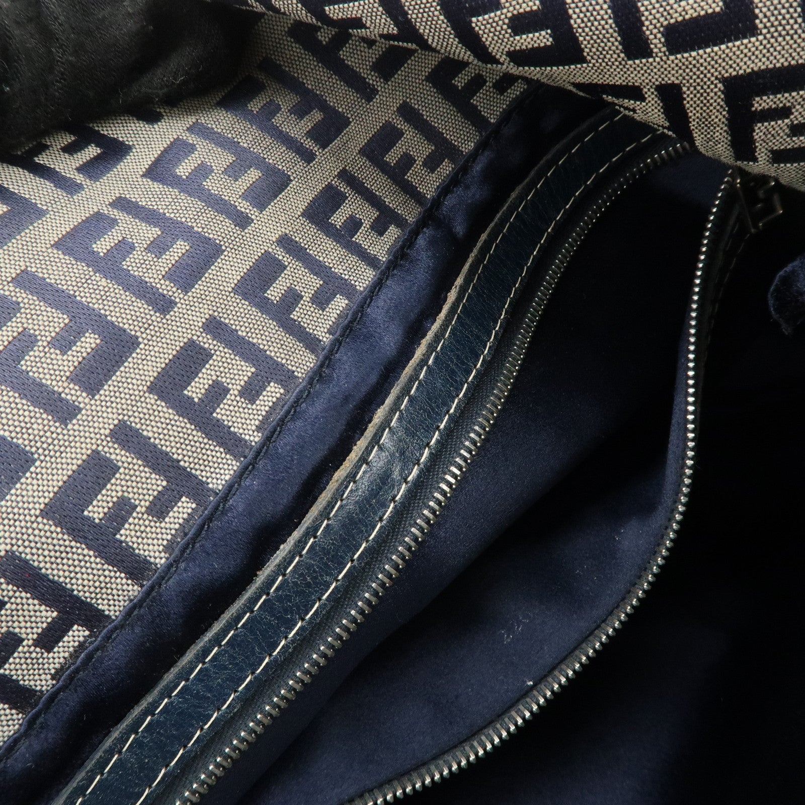FENDI Zucchino Canvas Leather Shoulder Bag Hand Bag Grey Navy 26796 Used